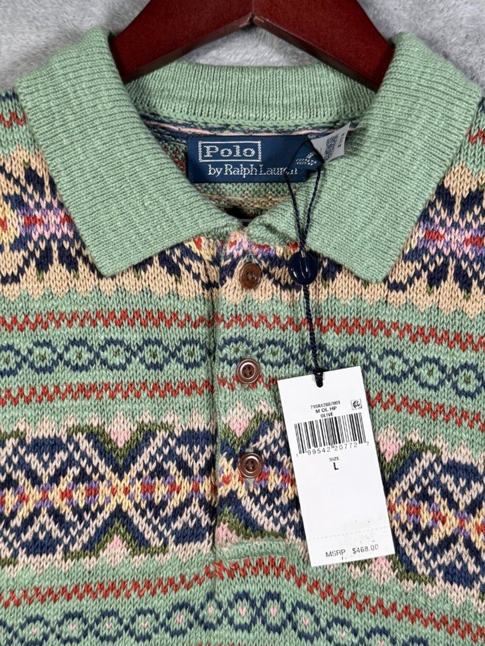Polo Ralph Lauren Sweater Mens L Green Fair Isle Linen Cashmere Knit Shirt $468 - Picture 2 of 11